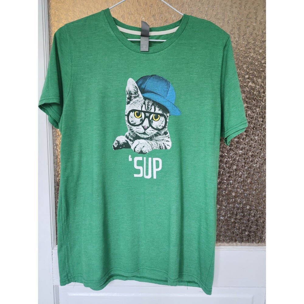 Youth XL “‘SUP” Cat Shirt – Funny Graphic Tee for Kids/Teens – Green